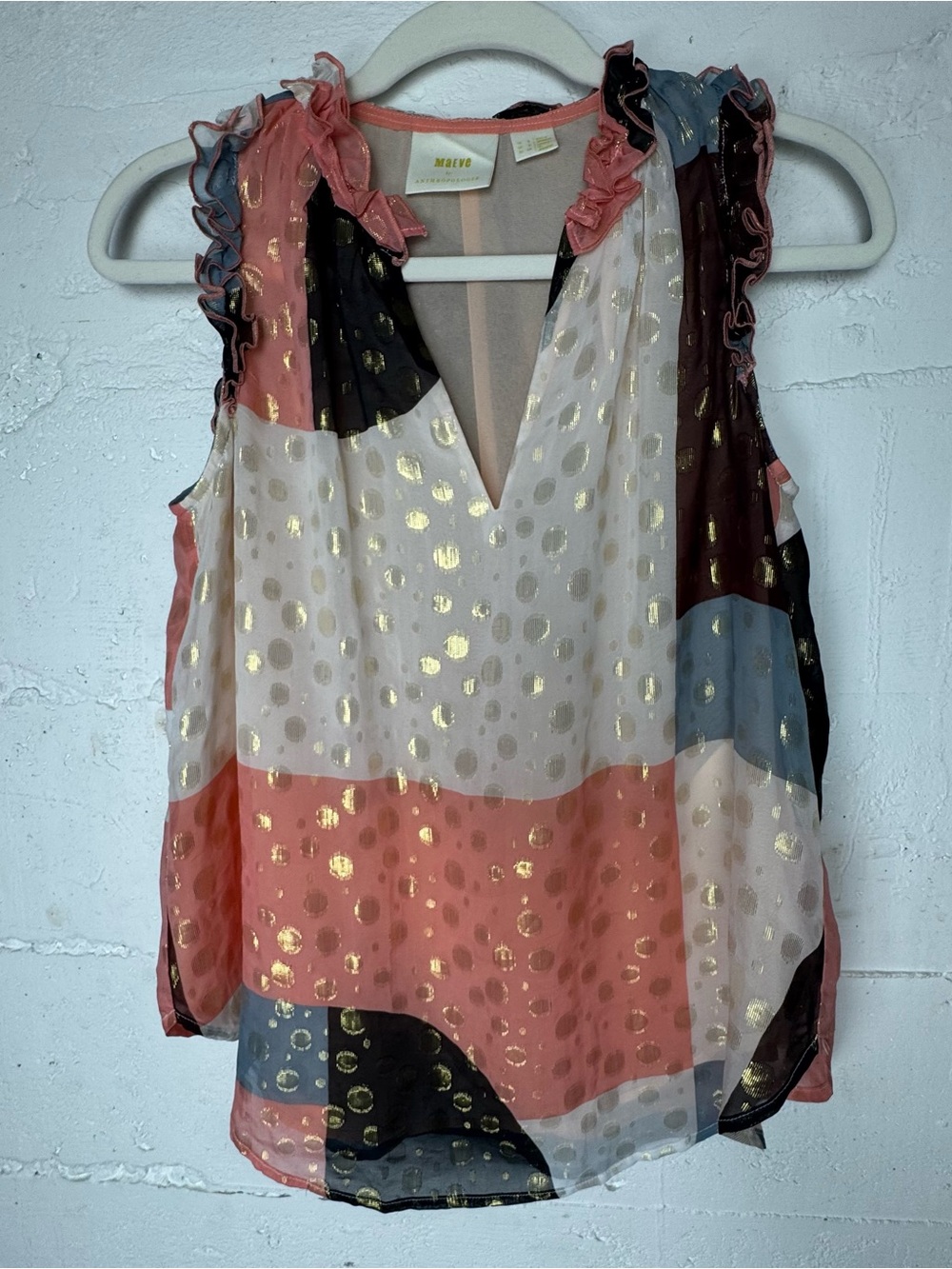 Anthropologie Maeve Fantasia Sparkle Ruffle Trim Blouse Size 2 Patchwork Femme